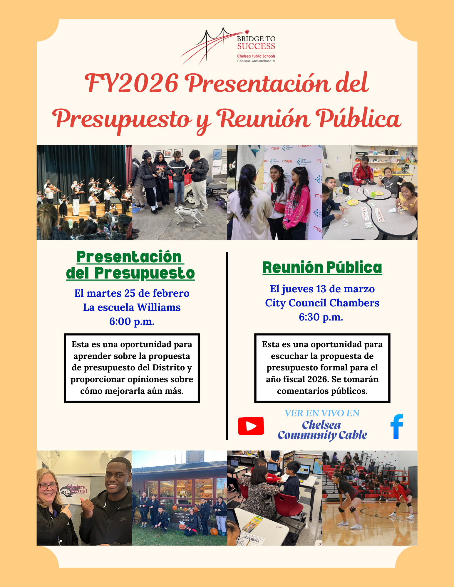 Image with text in Spanish advertising upcoming meetings about the FY2026 budget for Chelsea Public Schools